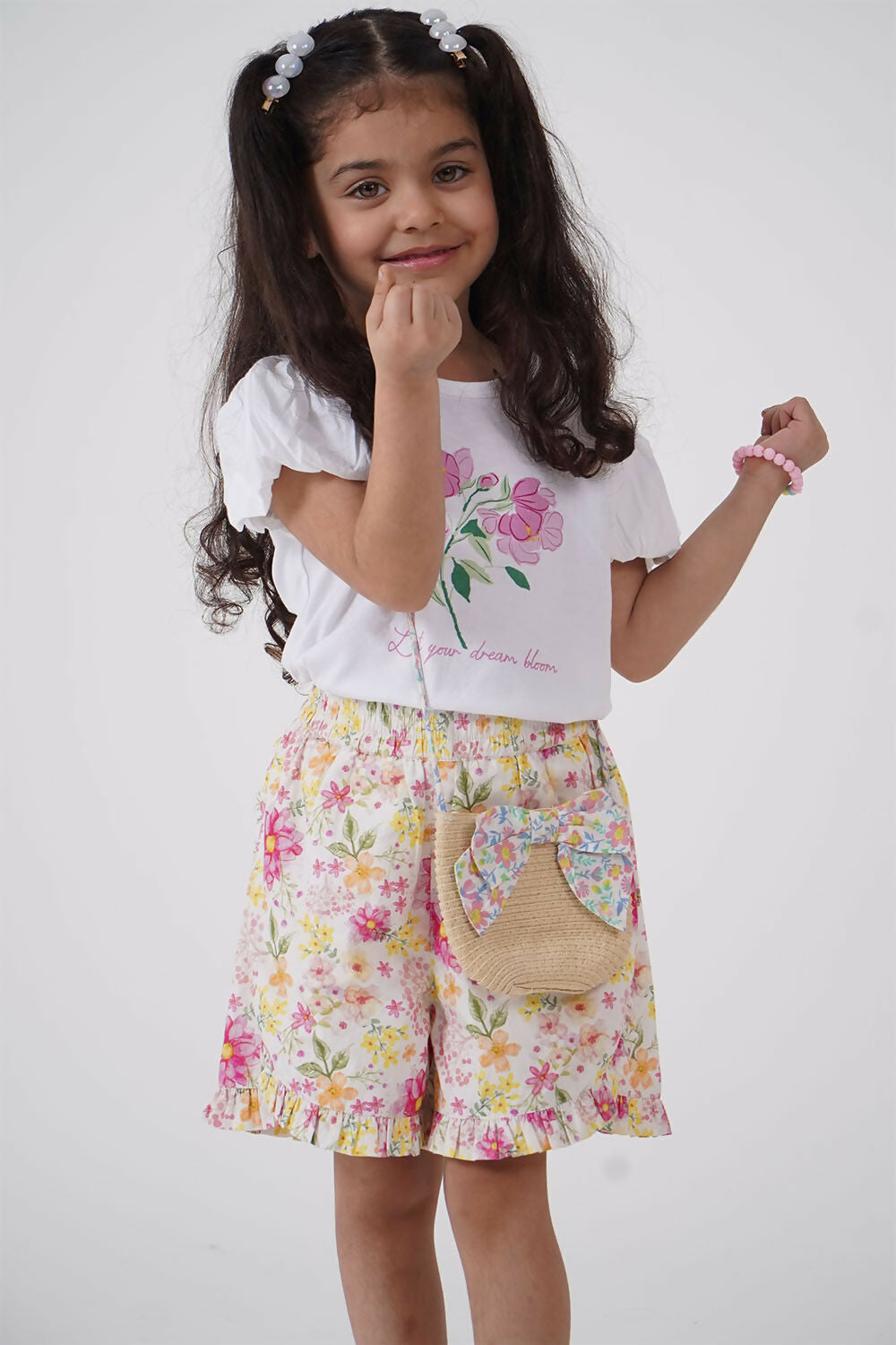 Girls Floral Puff Sleeve Tee and Shorts Set in Cotton