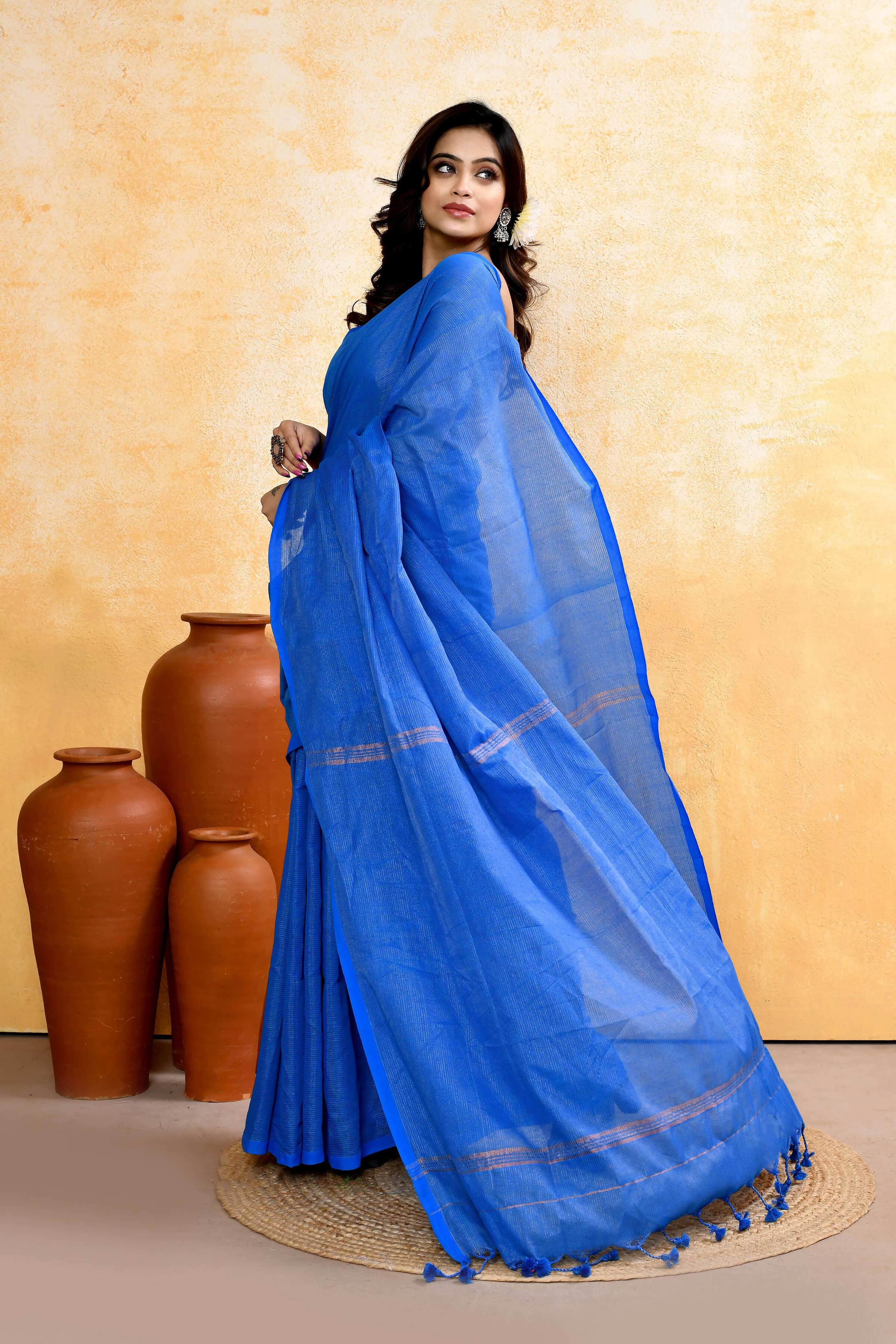 Sky Blue Embellished Cotton Blend Zari Check Handloom Saree