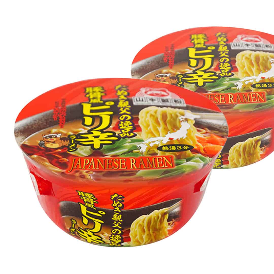 Set of two red, yellow, and white Yamamoto Tonkotsufu ramen cups for authentic Japanese dining.