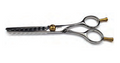 Professional 5.5 inch 35-tooth hair thinning shears in silver or gold with leather carrying case.