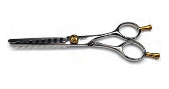 Professional 5.5 inch 35-tooth hair thinning shears in silver or gold with leather carrying case.