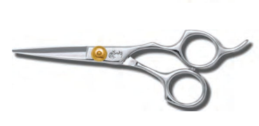 Professional Yanaki Queen offset haircutting shears in silver and gold with leather case