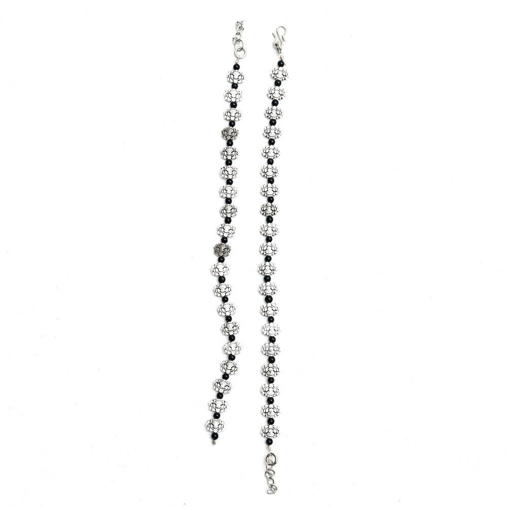 Oxidised silver anklets featuring elegant black beads