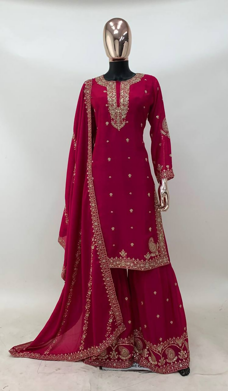 Pink Chinon Embroidered Salwar Kameez with Sequin Work - Stitched
