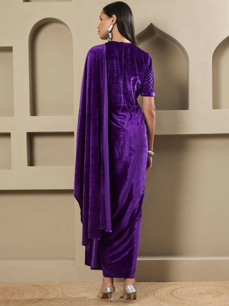 Women Purple Velvet Stitched Dress with Hand Embellishment