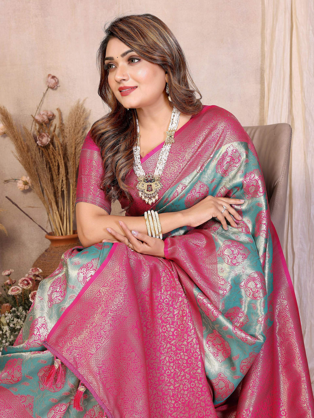 Aqua Banarasi Tissue Silk Saree with Pink Blouse - Traditional Weave