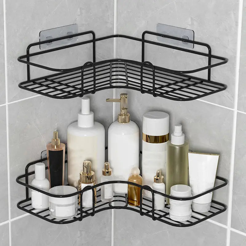 Triangular Wall-Mounted Storage Shelf with Hanging Basket