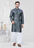 Men wearing a grey jacquard silk printed kurta and pyjama set