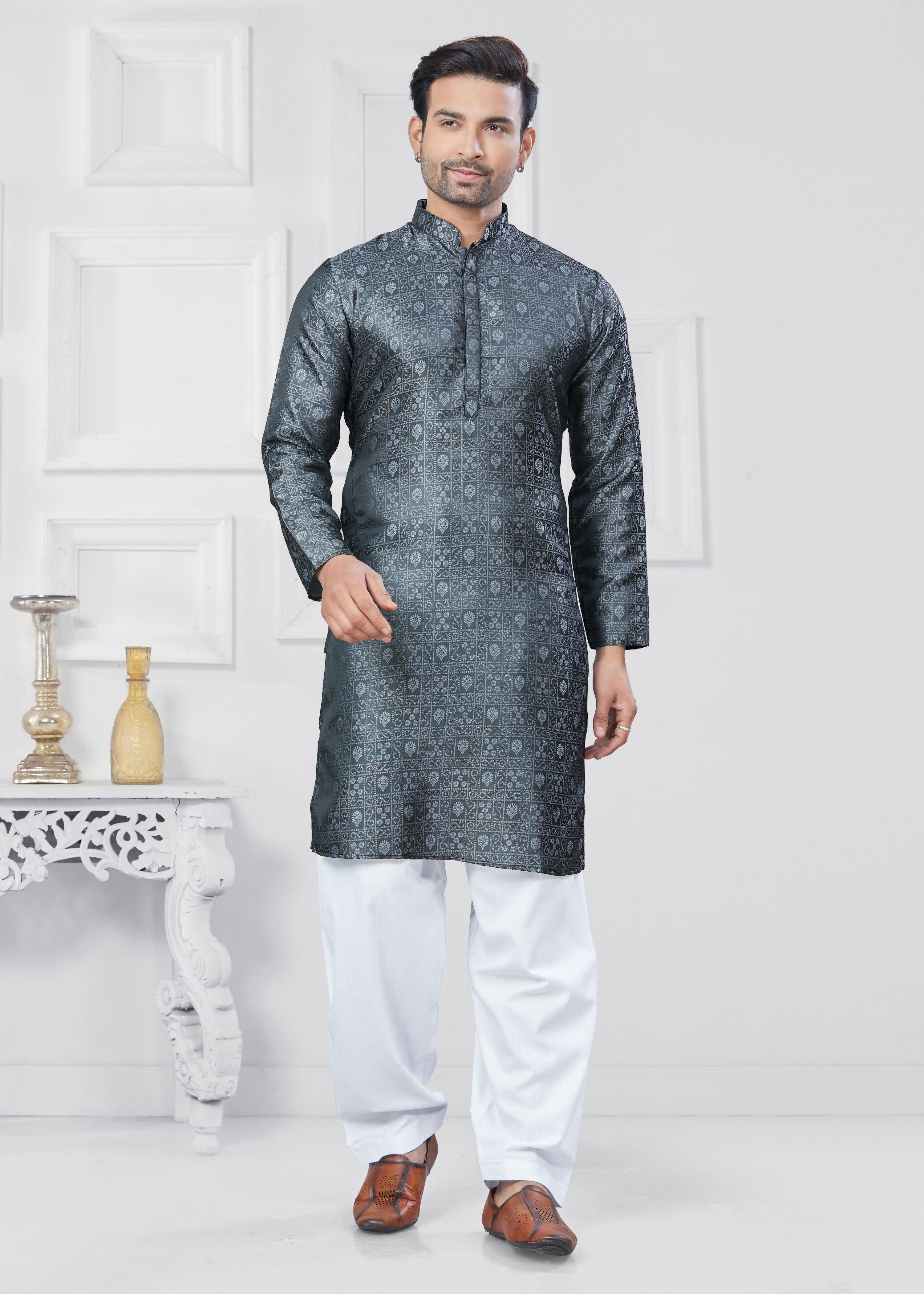 Men wearing a grey jacquard silk printed kurta and pyjama set