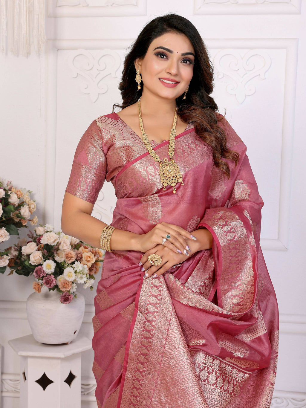 Dusty Rose Soft Organza Silk Saree with Intricate Weaving
