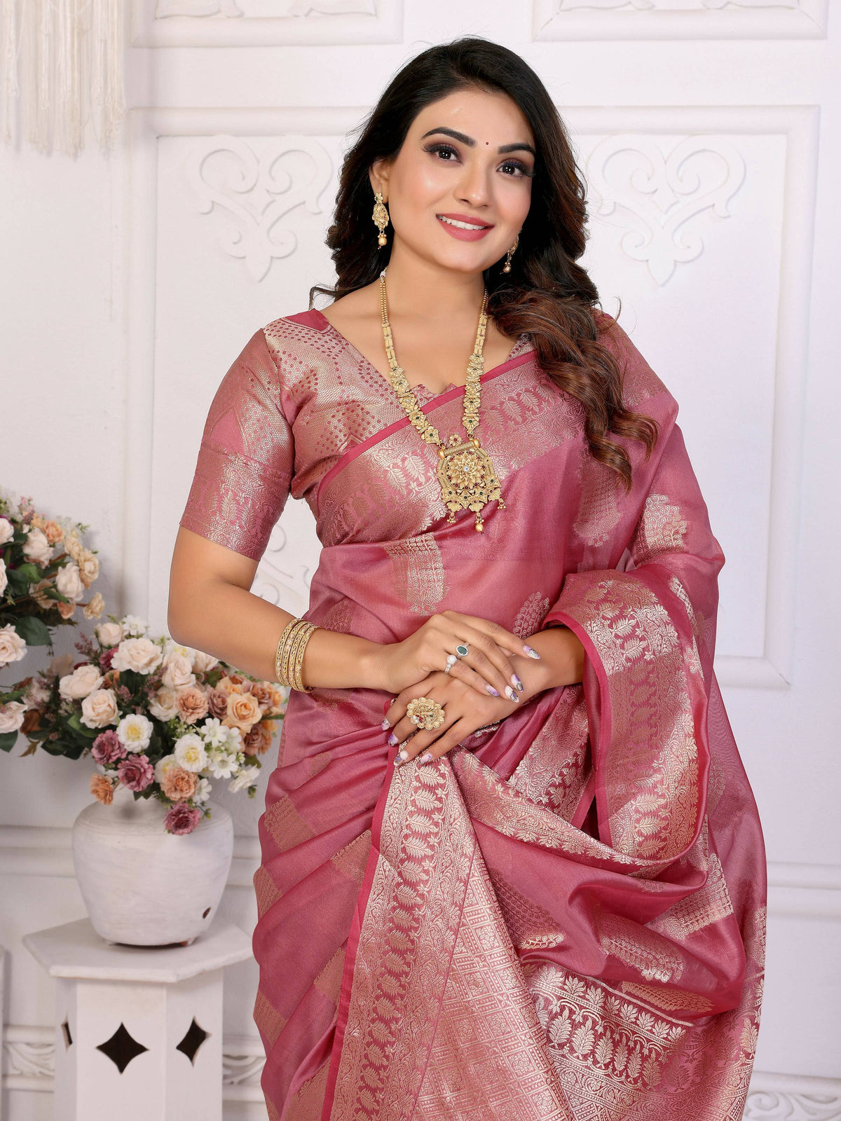 Dusty Rose Soft Organza Silk Saree with Intricate Weaving