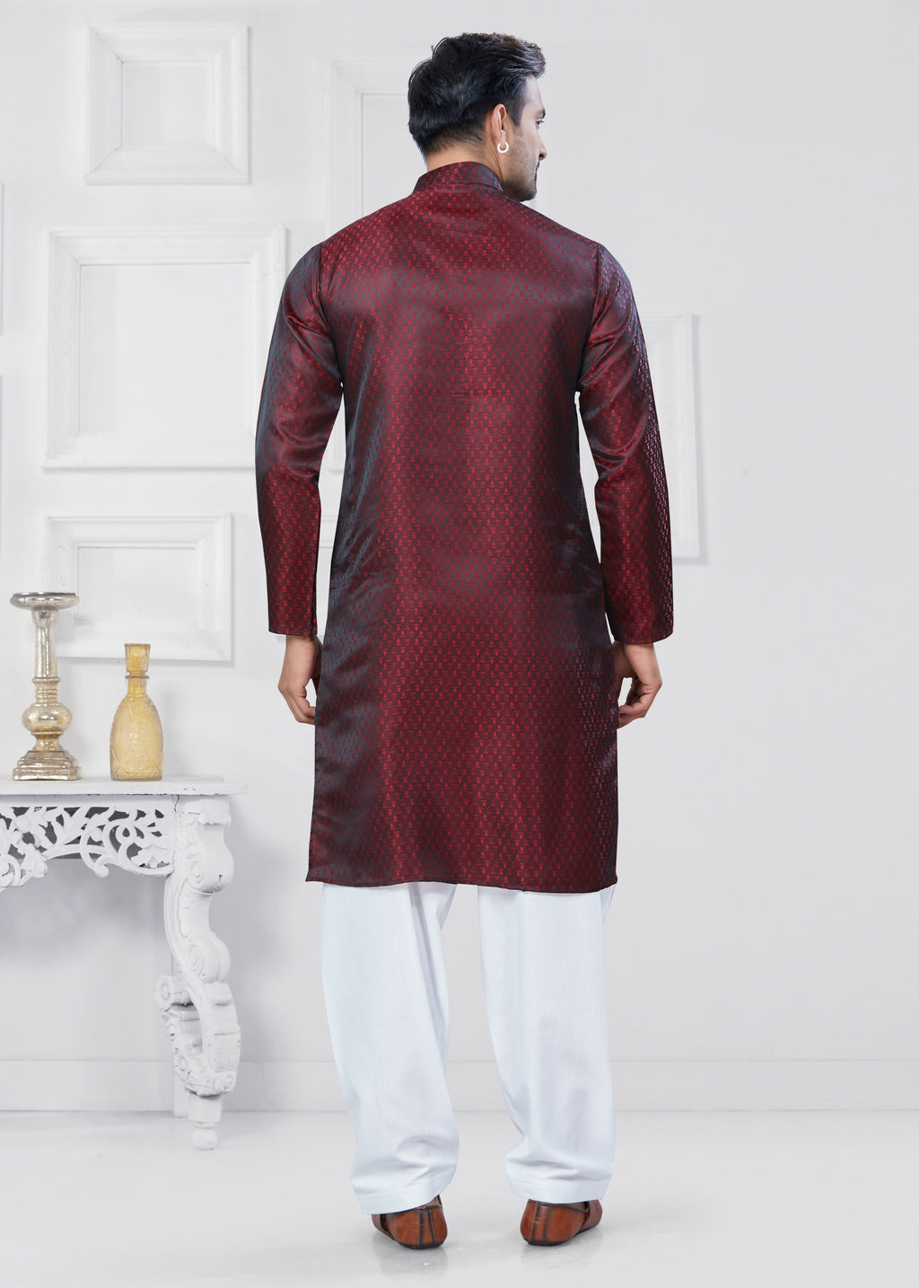 Men's Marron Jacquard Silk Kurta Pyjama Set - Traditional Ethnic