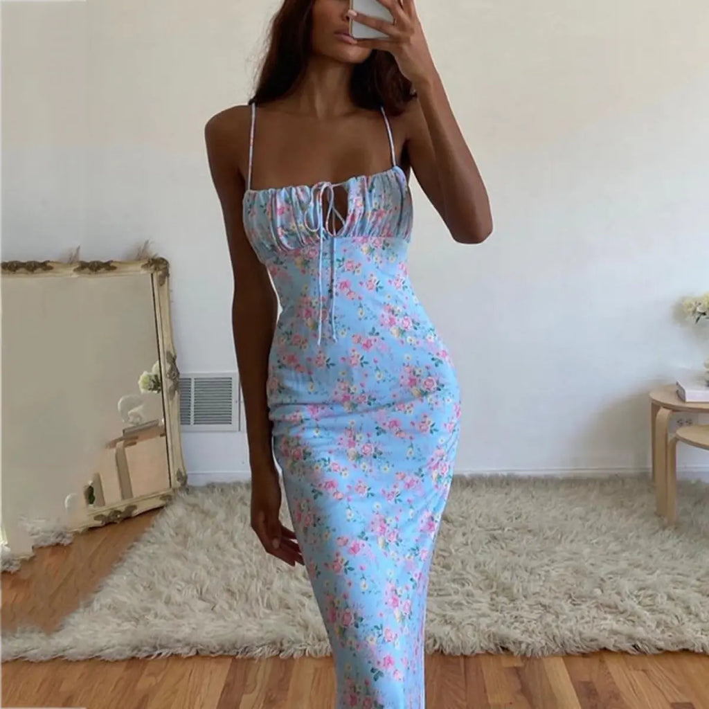 Women's Blue Floral Pleated Maxi Dress with Tie Strap Detail - Image 2