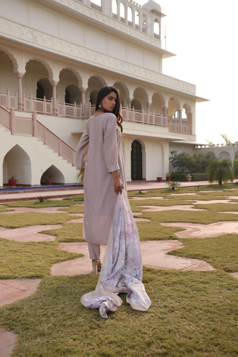 Women's Beige Cotton Silk Floral Hand Work Kurta Set