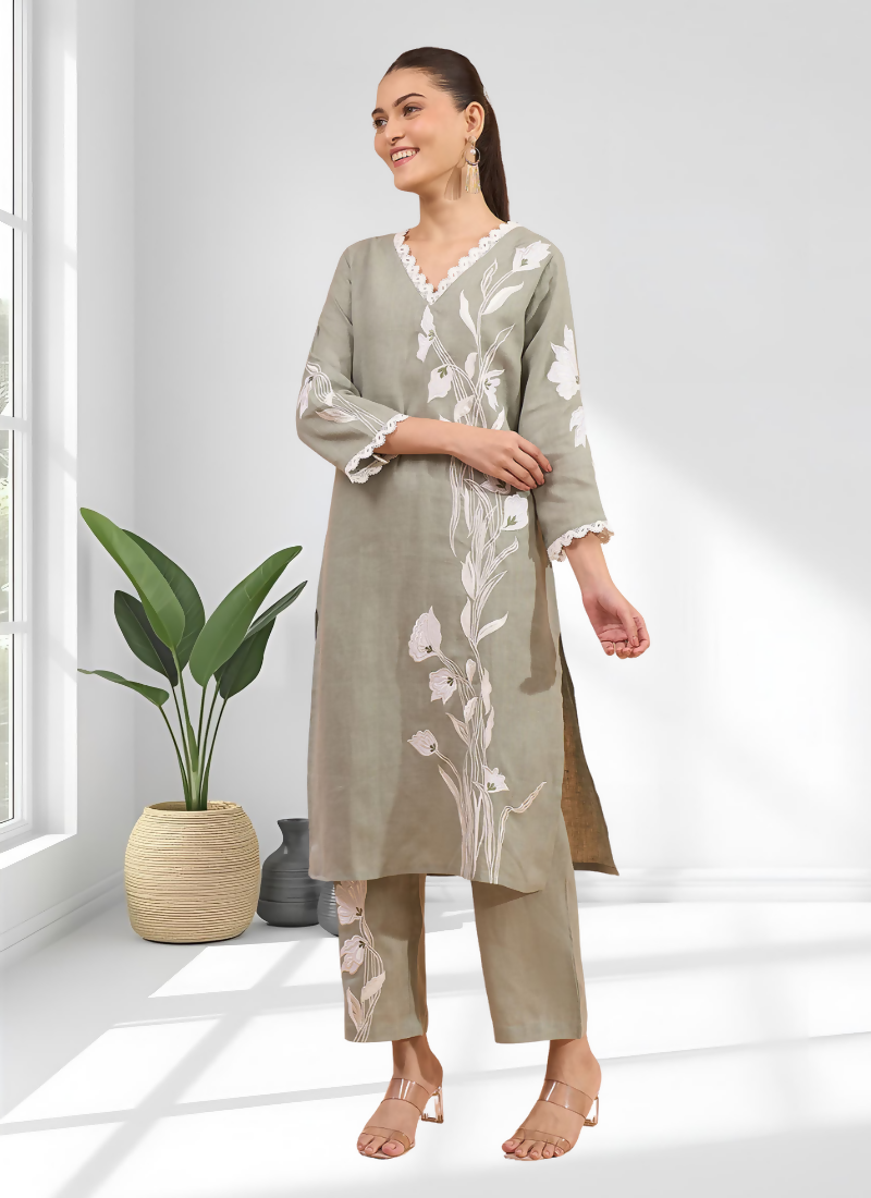Gray Embroidered Linen Long Kurta with Matching Pants Set