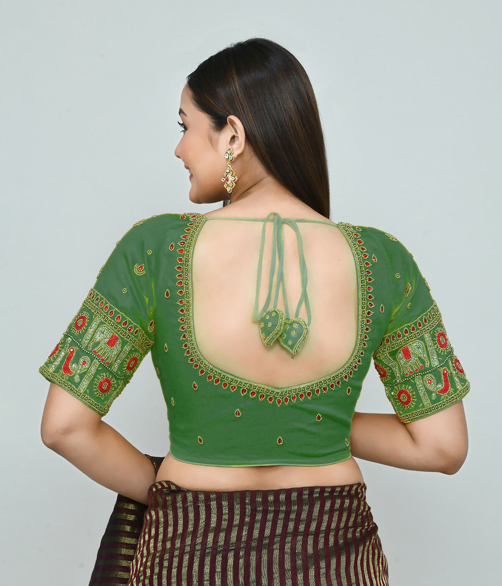 Women's Green Embroidered Art Silk Stitched Ethnic Blouse