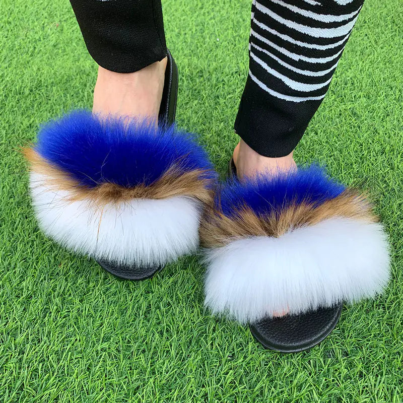 Women's Multicolored Faux Fur Flat Slippers Cozy Open Toe Slides - Image 40