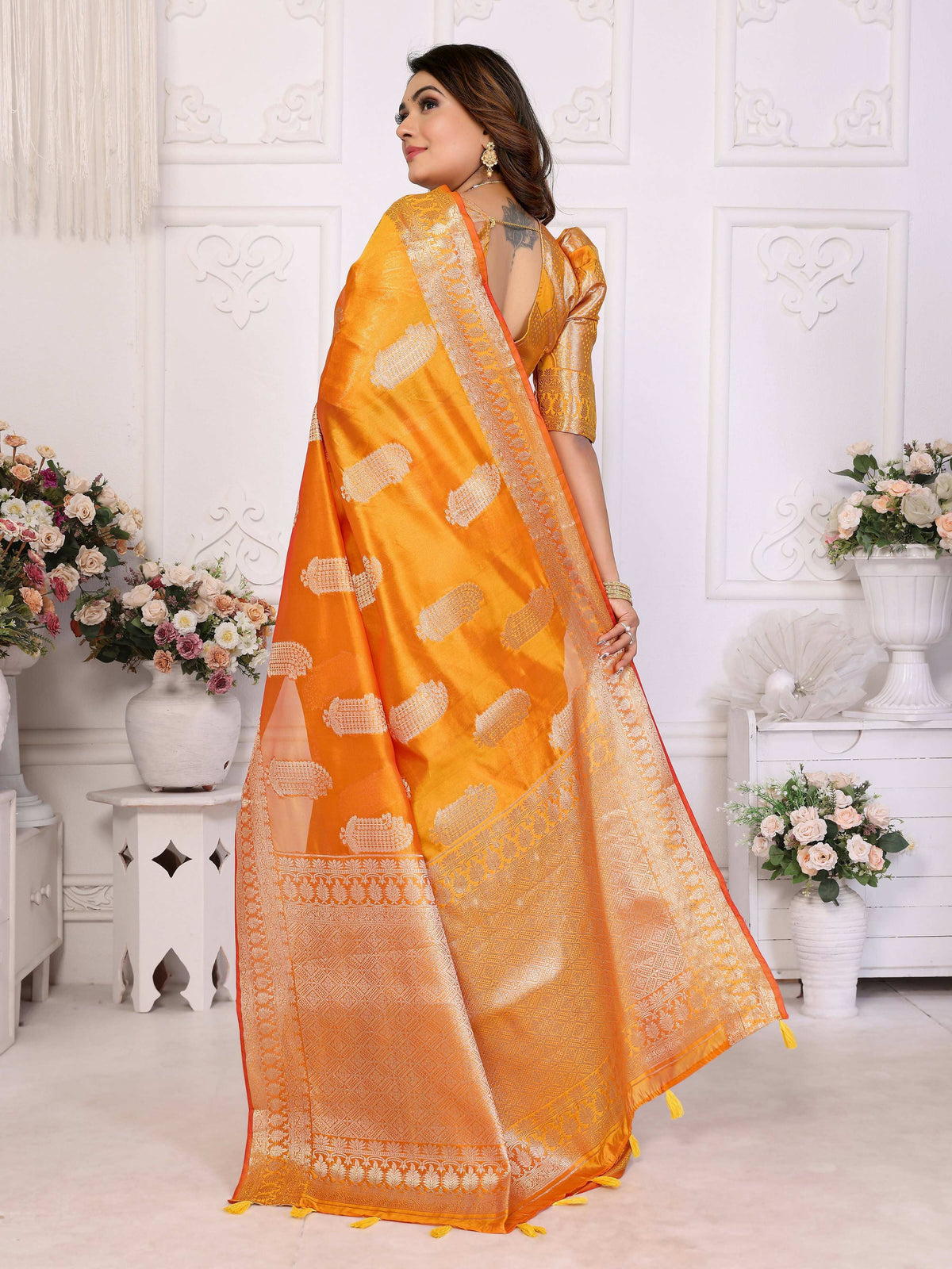 Yellow Soft Organza Silk Saree with Elegant Weaving Patterns
