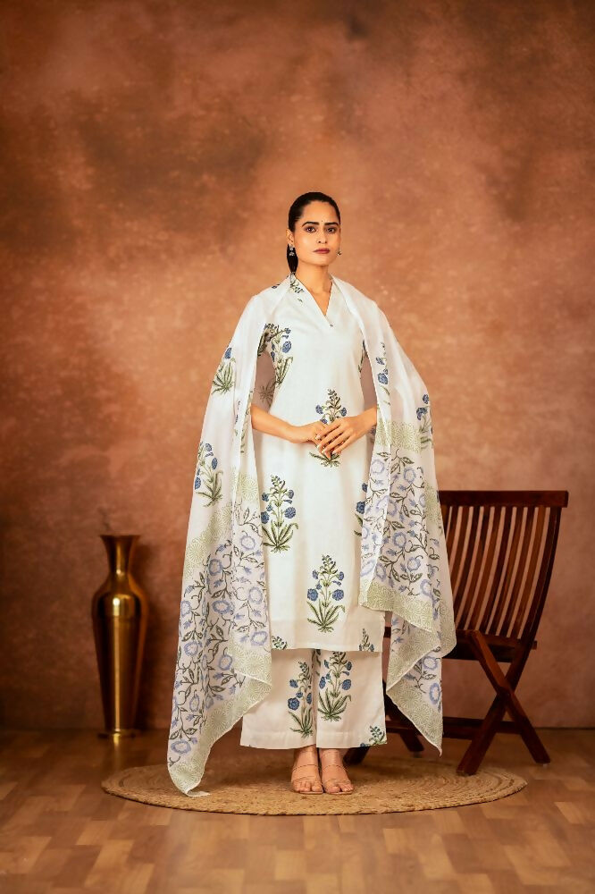 Off White and Blue Hand Block Printed Cotton Suit Set
