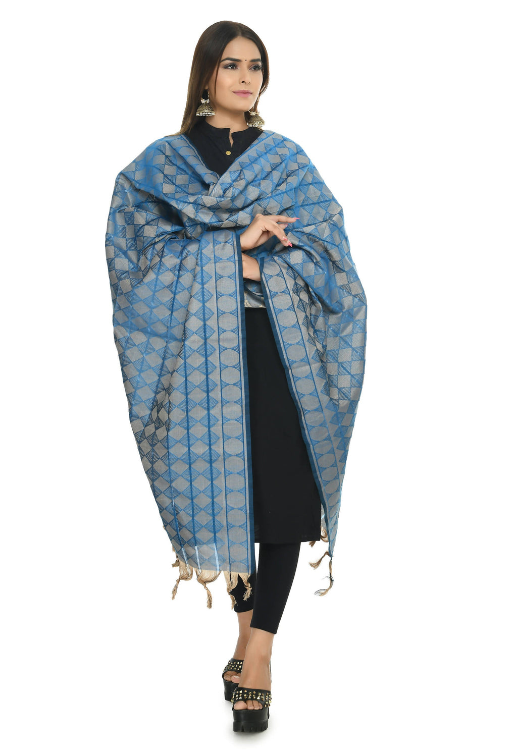 Vibrant blue handloom cotton dupatta for daily ethnic wear