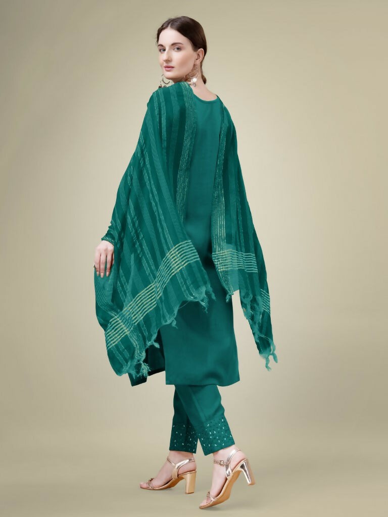 Women's Teal Cotton Blend Embroidered Straight Kurta with Trouser & Dupatta