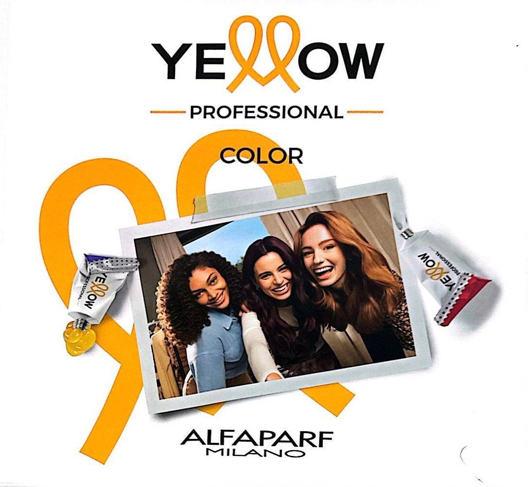 Yellow by Alfaparf permanent hair coloring cream bottle with Argan Oil and Aloetrix formula