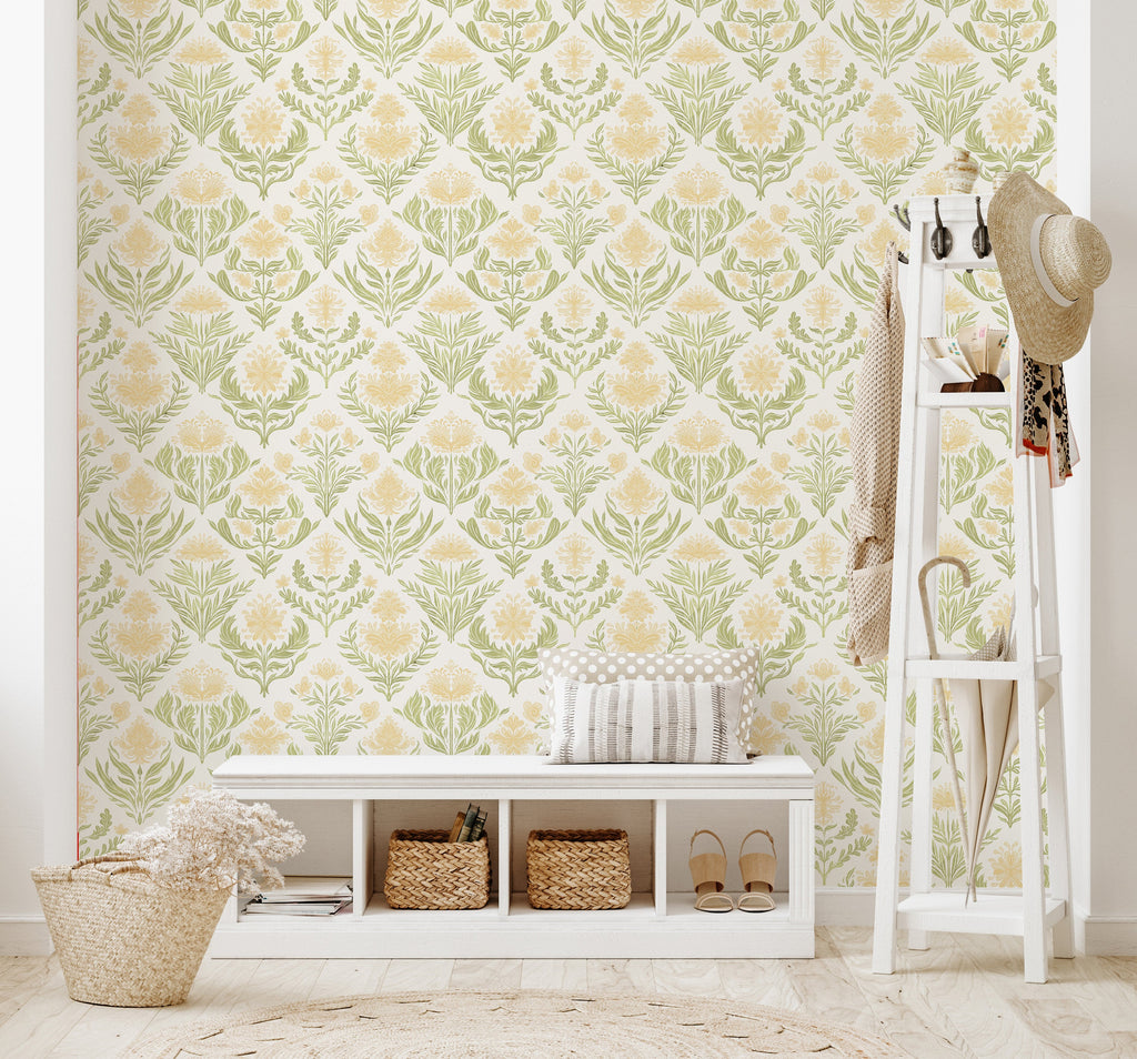 Nolie Floral Wallpaper in Green and Beige Traditional Boho