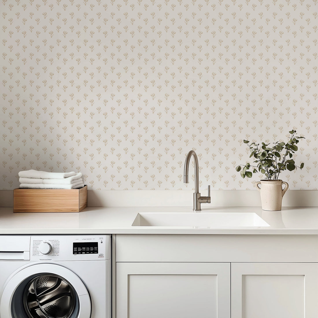 Anita Floral Wallpaper in White and Sage-Green Minimalist