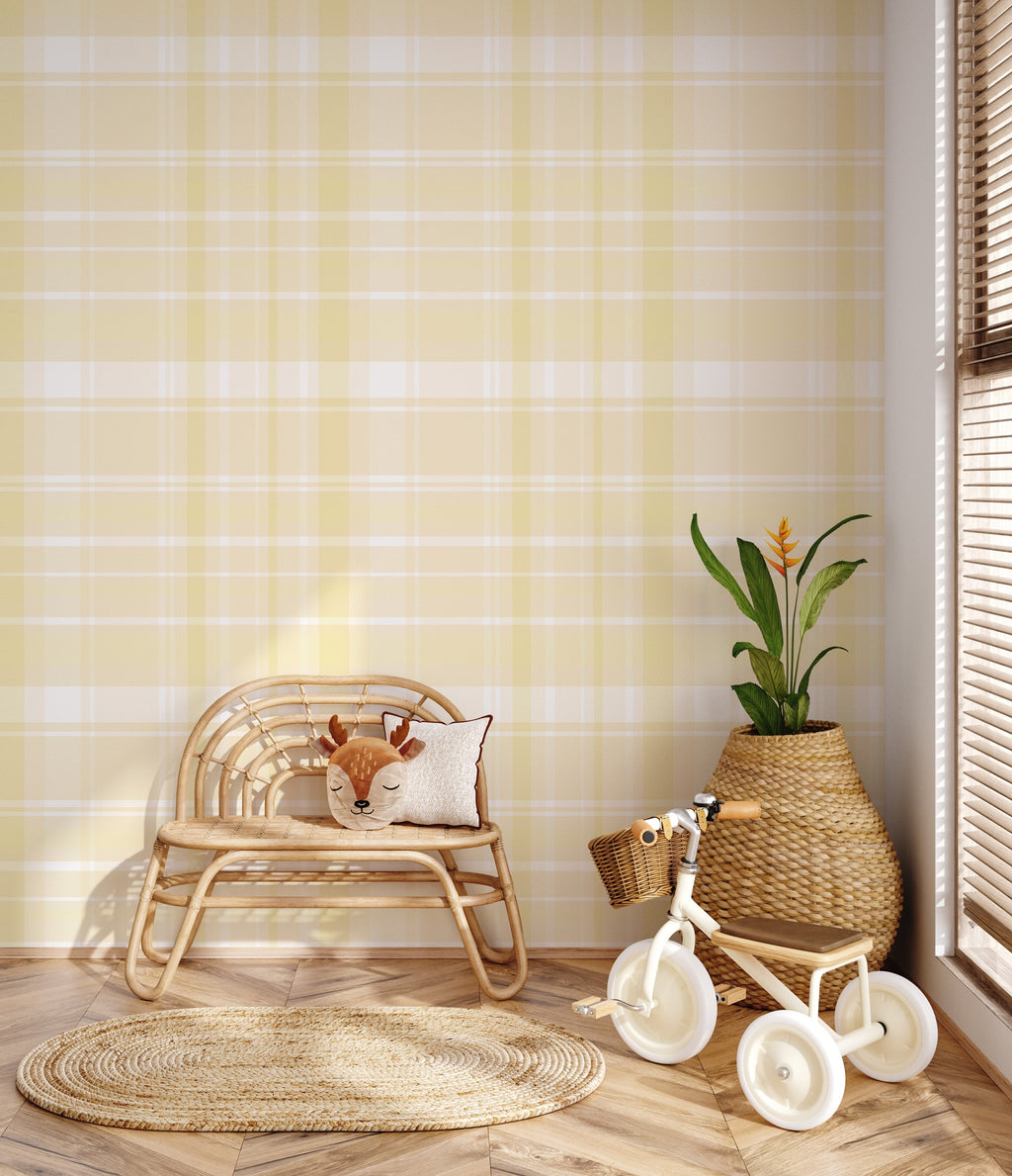 Classic Plaid Wallpaper in Blue-Grey, White, Pink, and Yellow