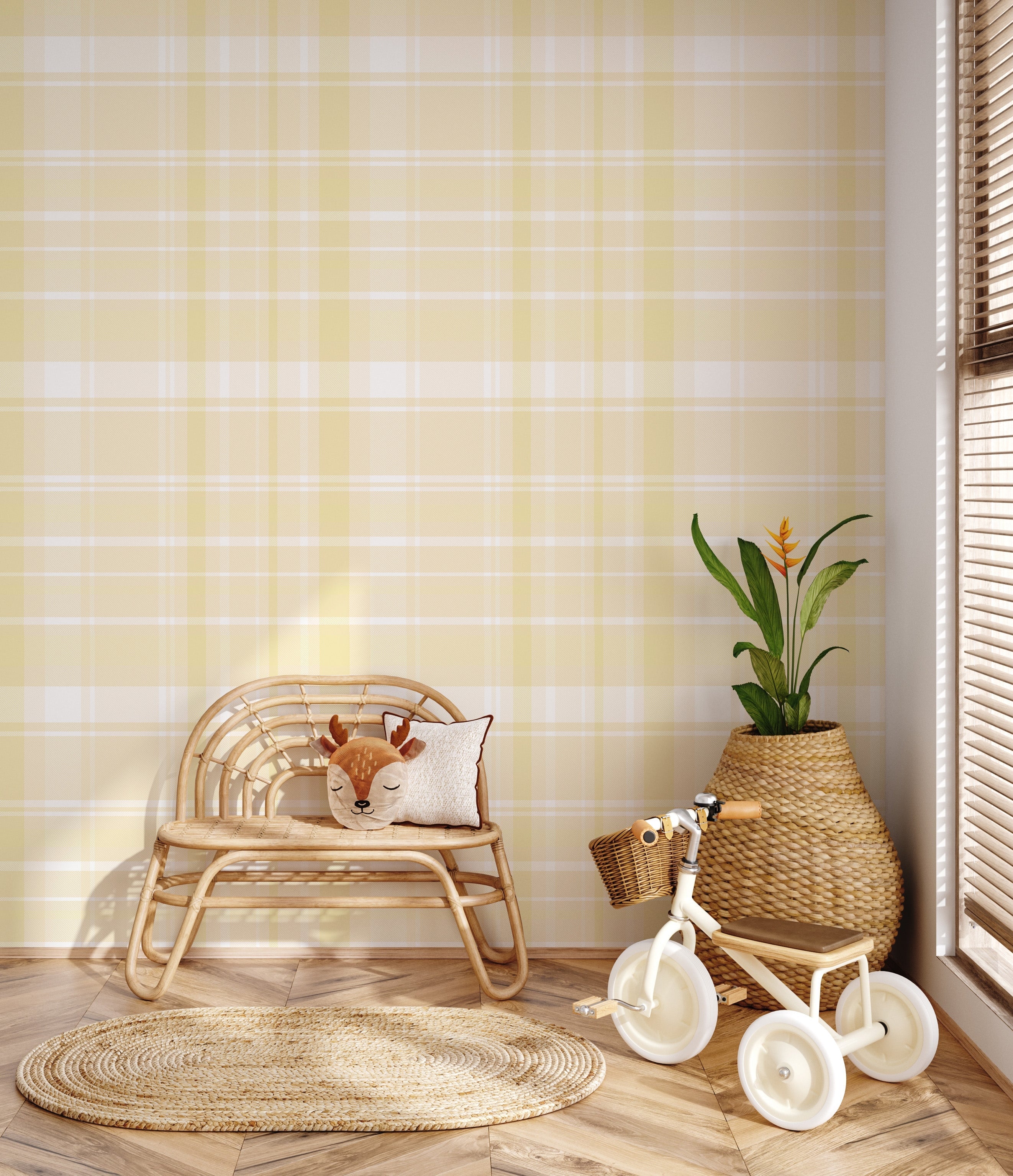Classic Plaid Wallpaper in Blue-Grey, White, Pink, and Yellow