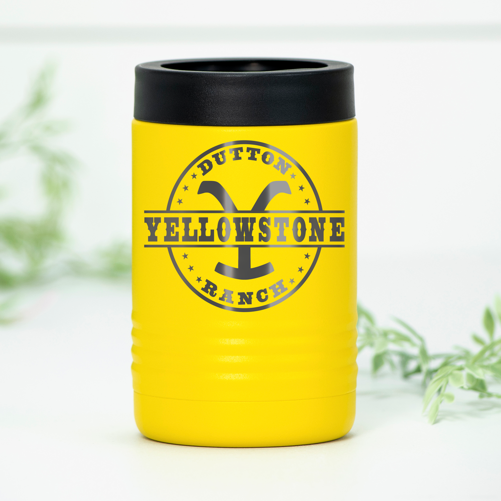 Yellow yellowstone ranch engraved stainless steel can cooler