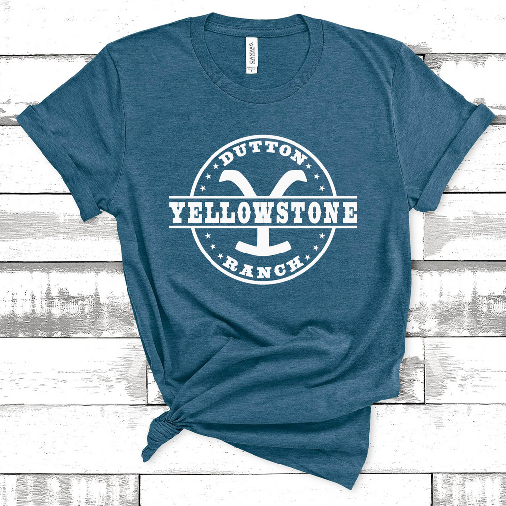Heather teal unisex t-shirt with white Yellowstone Dutton Ranch logo text in a circle graphic