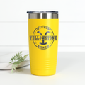 A yellow 20 oz stainless steel tumbler featuring the Yellowstone Dutton Ranch logo laser-engraved on the front.