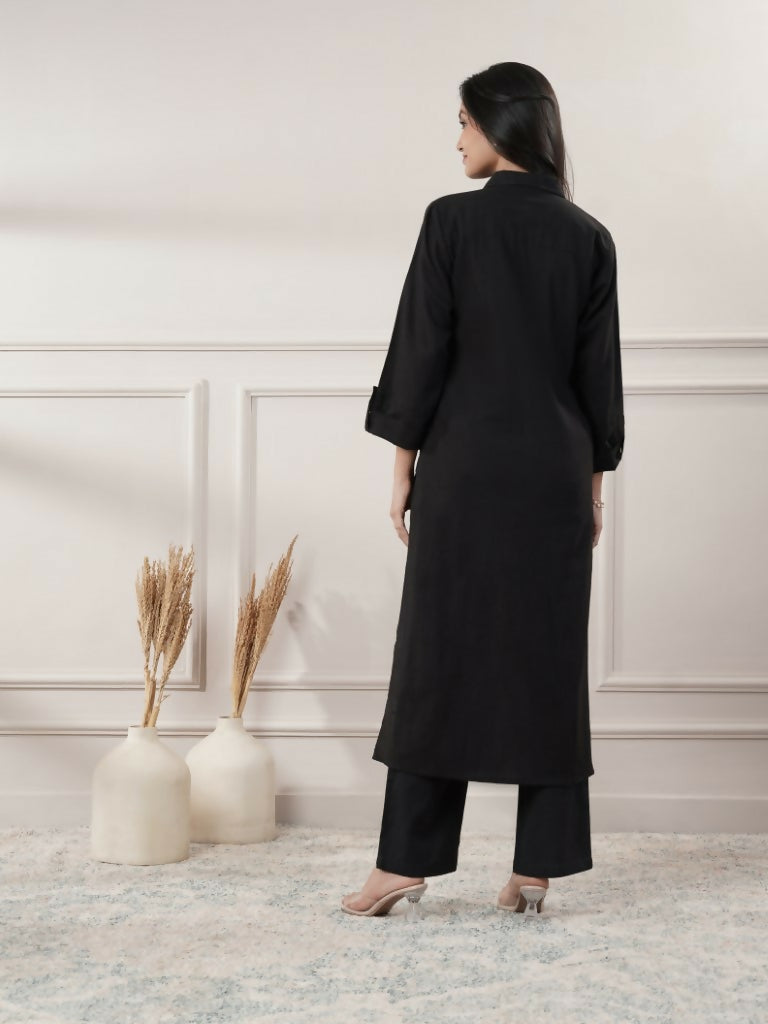 Women's Black Cotton Midi Dress With Button Detail