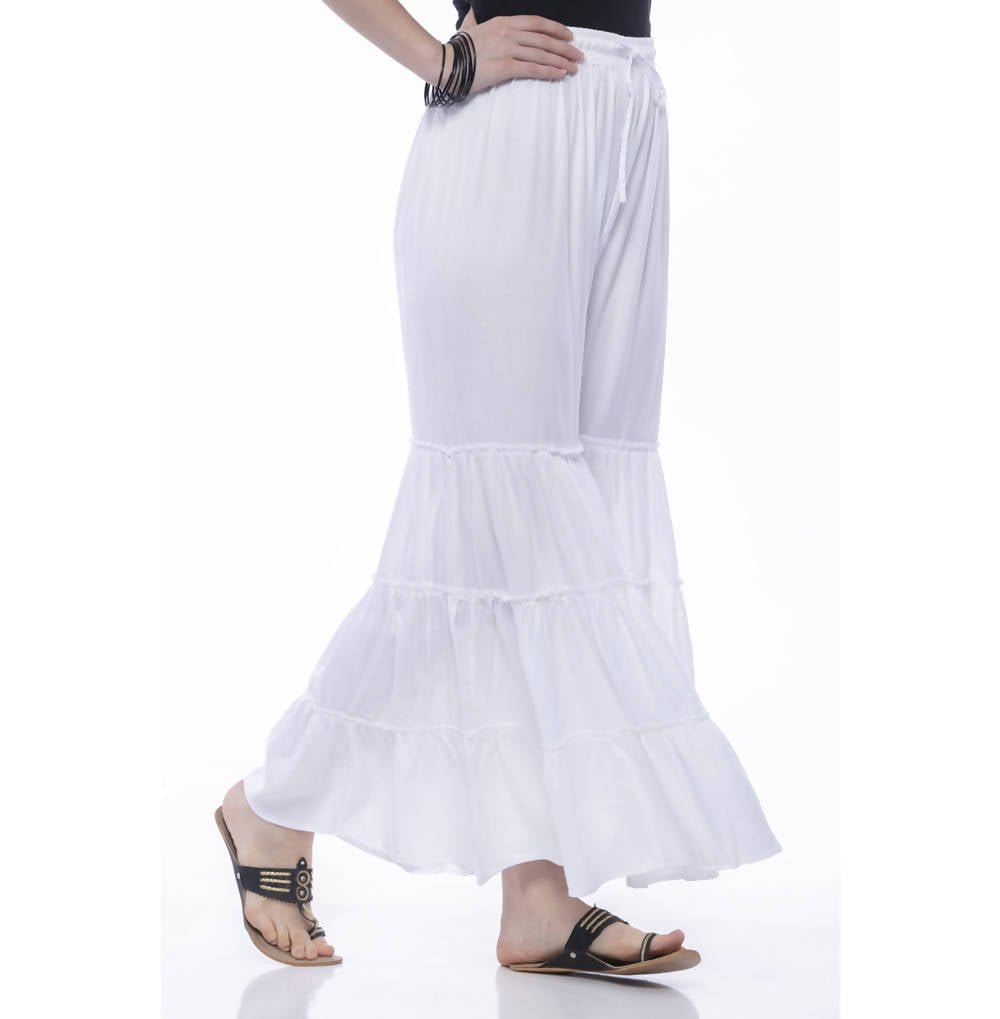 Women's White Rayon Cotton Palazzo Pants with Adjustable String