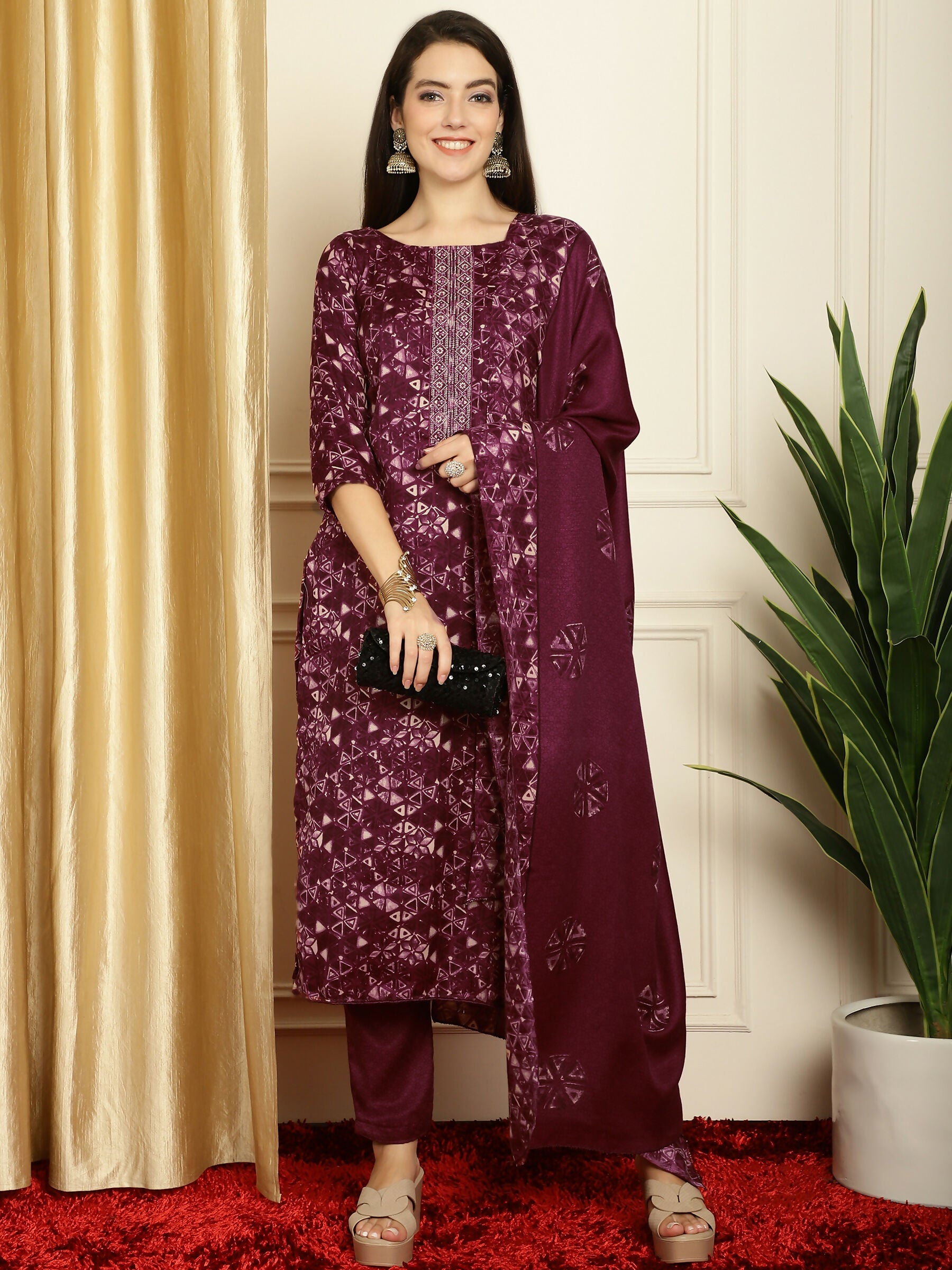 Women's Wine Pashmina Straight Kurta Set with Digital Floral Print