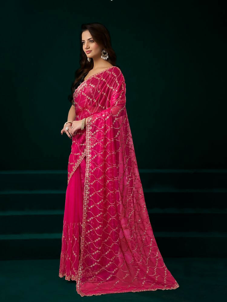 Rani Pink Net Party Saree with Black Velvet Blouse
