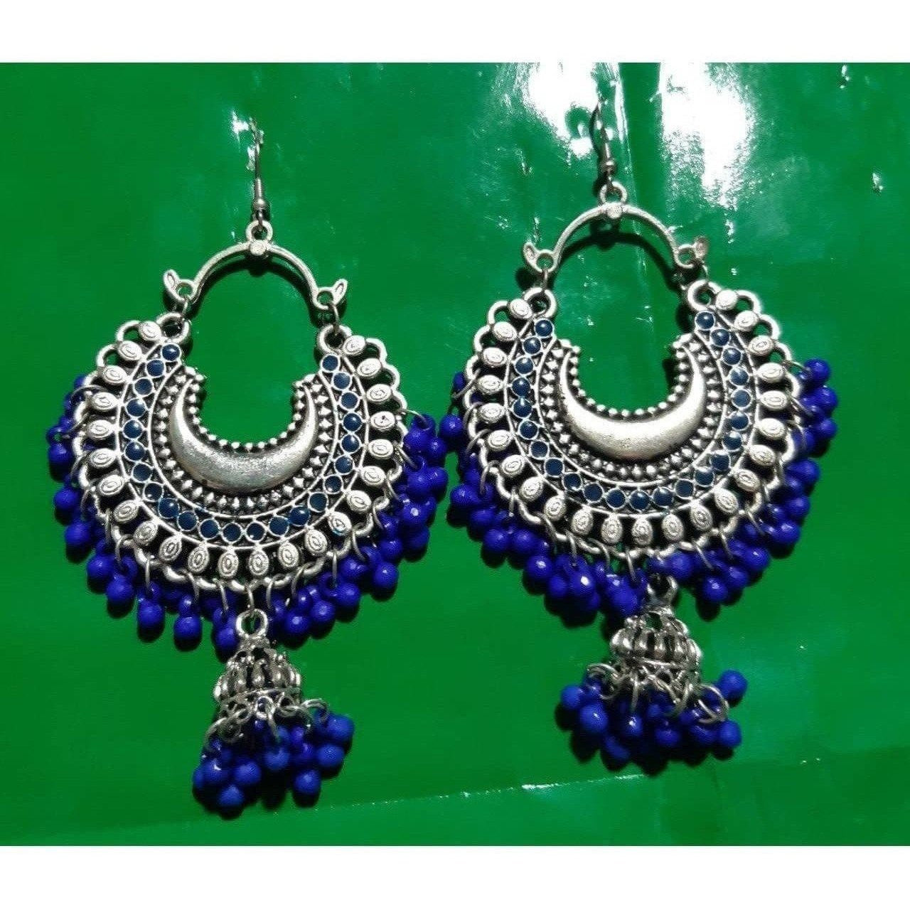 Decorative blue pearl Chandbali Jhumka earrings for women