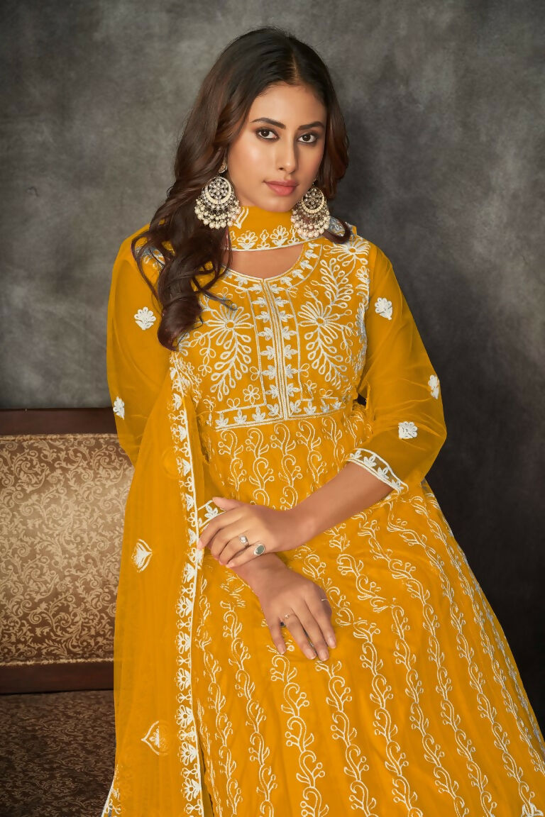 Yellow Net Embroidered Anarkali Kurta Pant Set With Dupatta