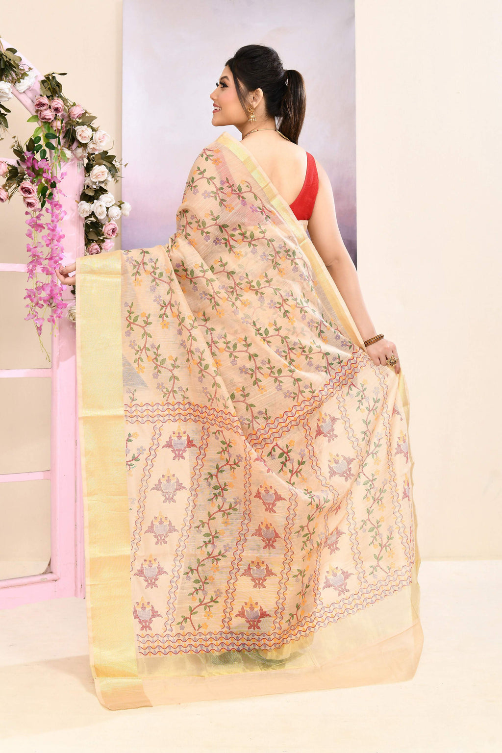 Beige Cotton Blend Printed Saree with Embellished Details