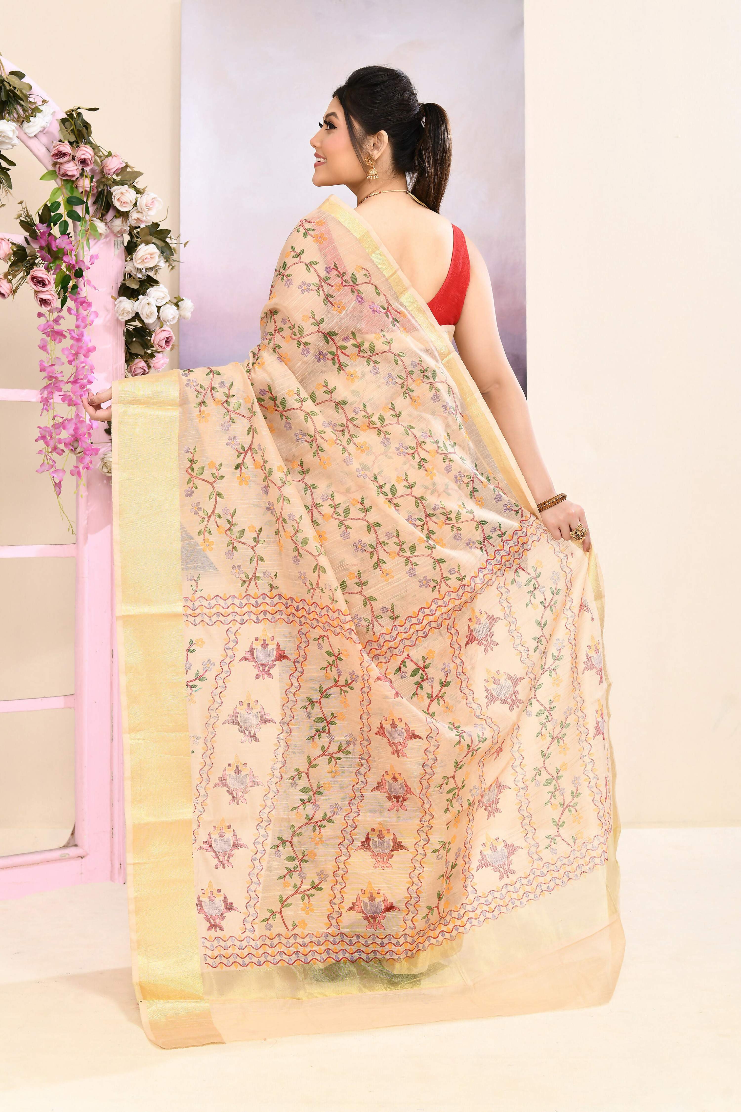 Beige Cotton Blend Printed Saree with Embellished Details