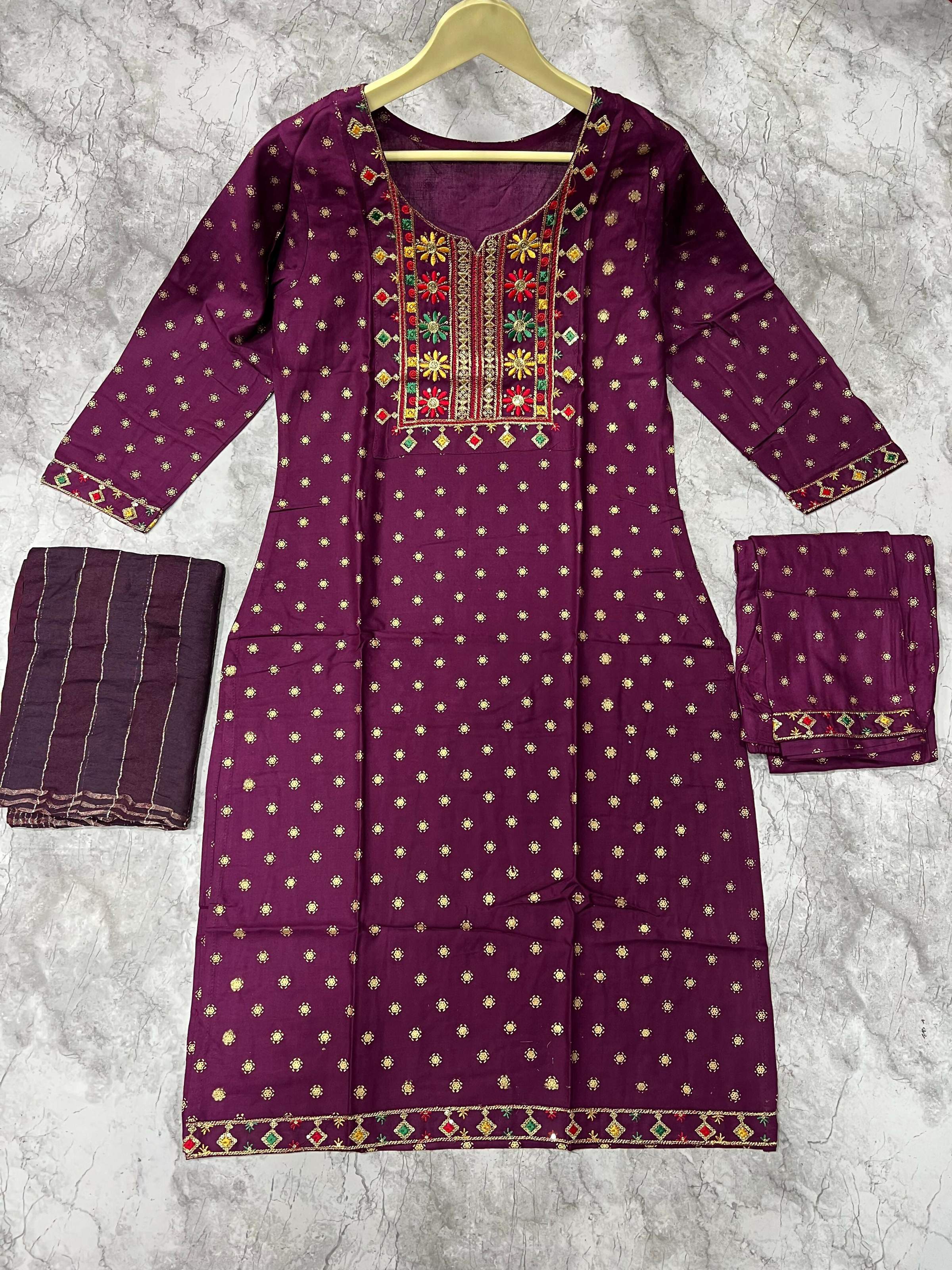 Wine Rayon Foil Print Kurta Set with Embroidery for Women