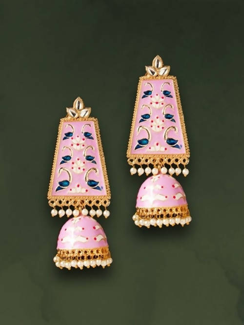 Close up of Johar Kamal pink Kundan Meenakari Jhumka earrings with oxidised finish
