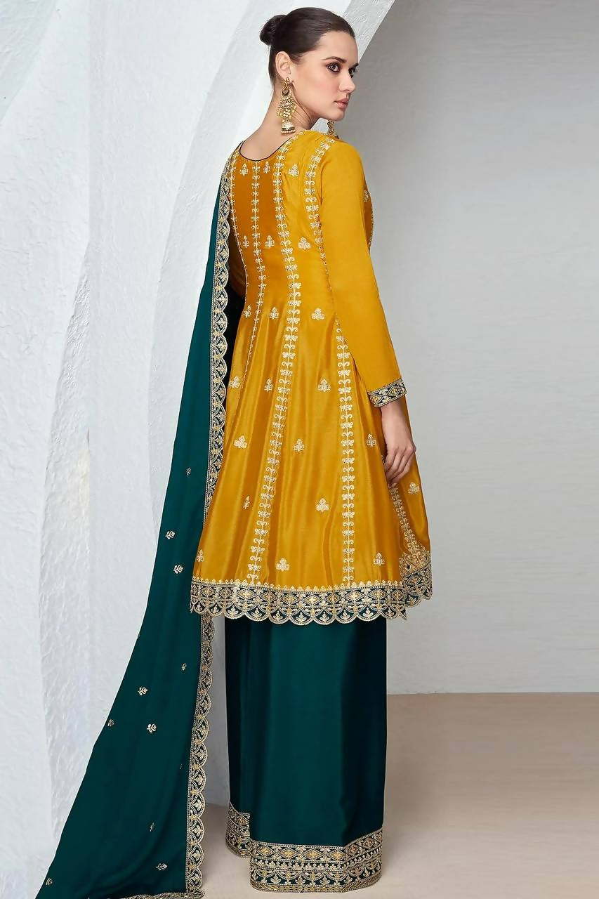 Yellow and Rama Chinon Embroidered Sequin Salwar Kameez