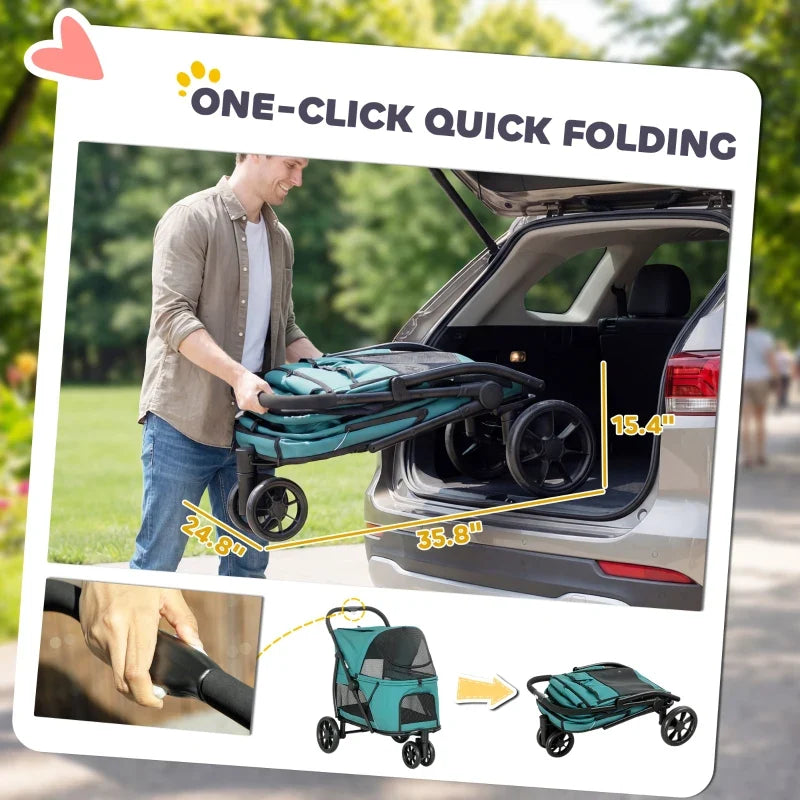 3 Wheel Pet Stroller with Easy One-Click Quick Fold, Mesh Window, Washable Cushion, for Medium Dogs