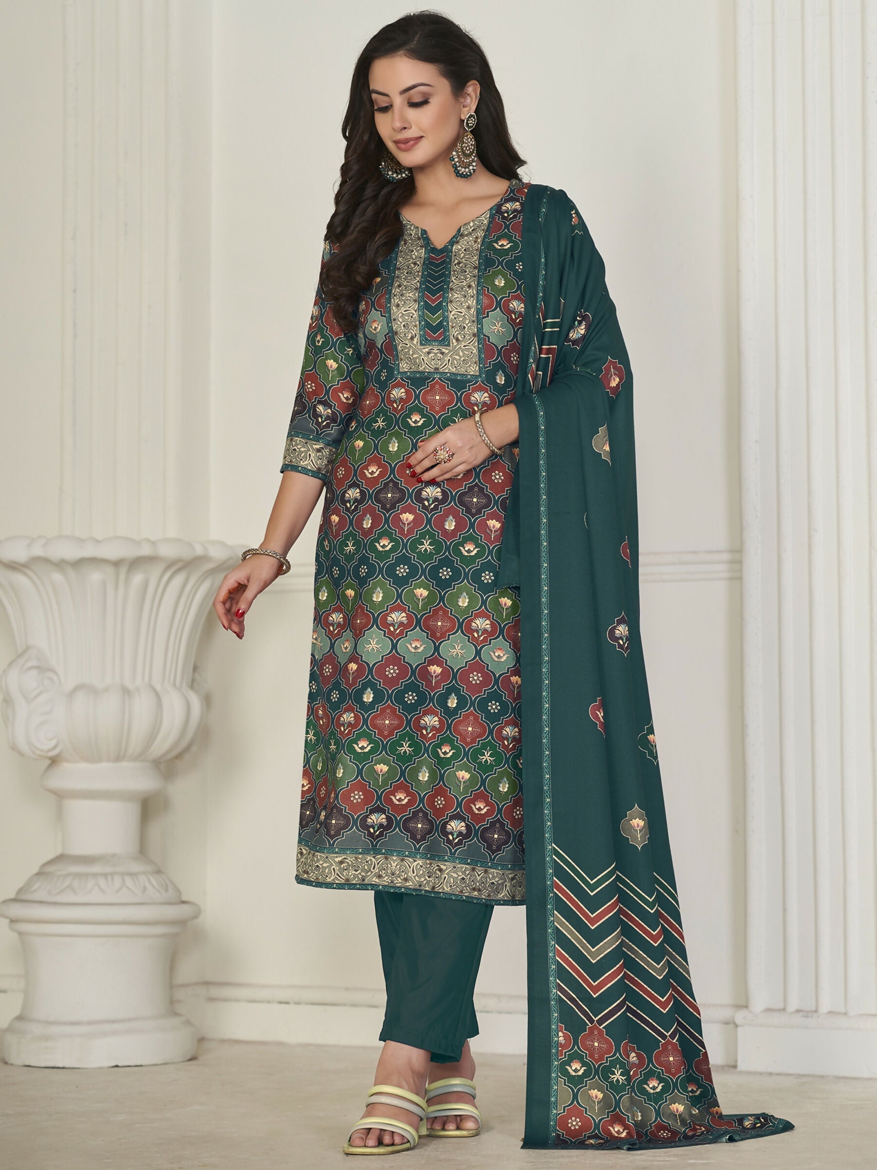 Women wearing a multicolor straight kurta set featuring digital print and coordinated trousers