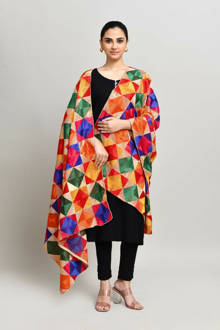 Multi Color Phulkari Cotton Dupatta with Geometric Embroidery