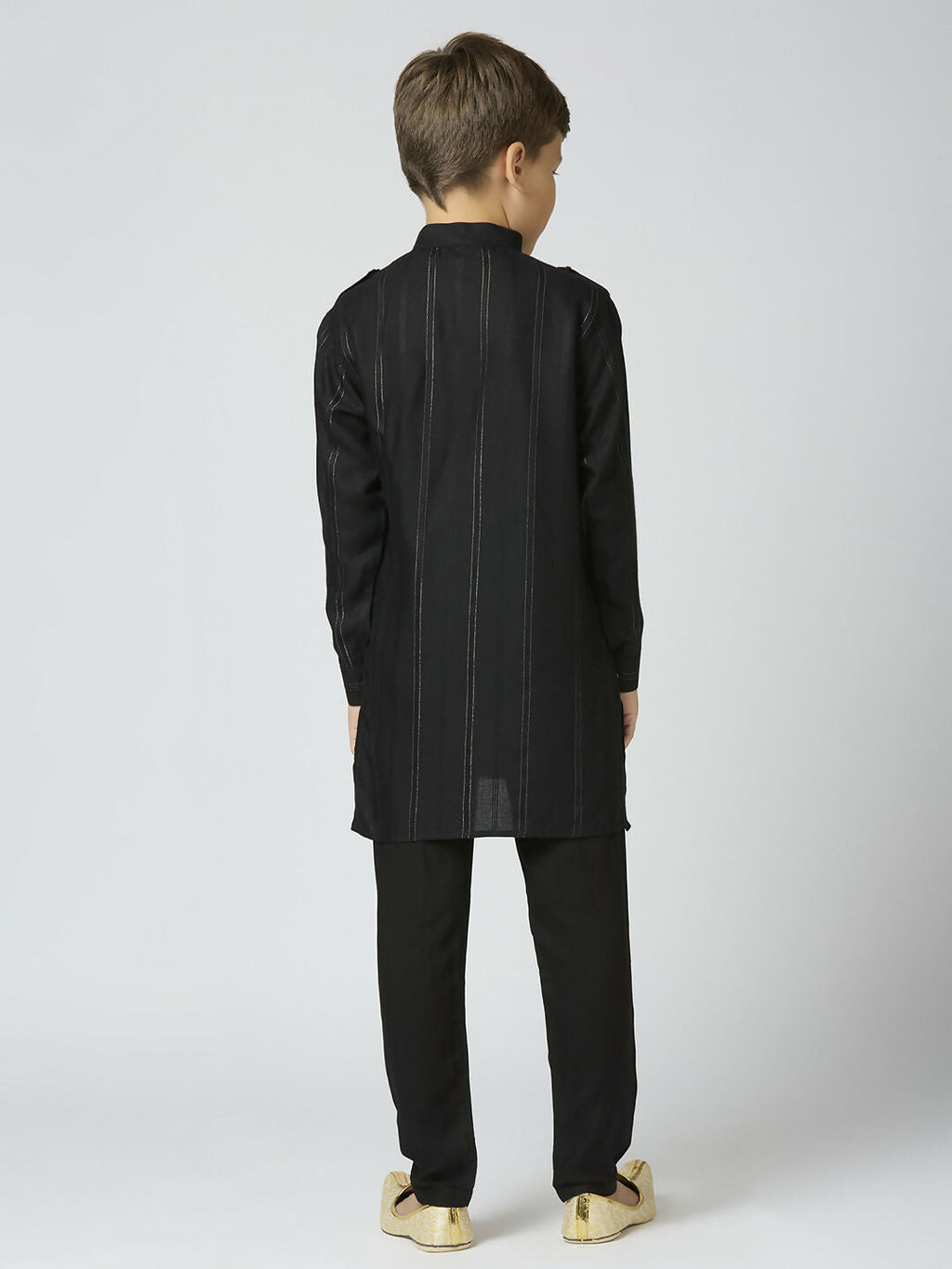Boys Black Cotton Kurta and Pyjama Set with Striped Details