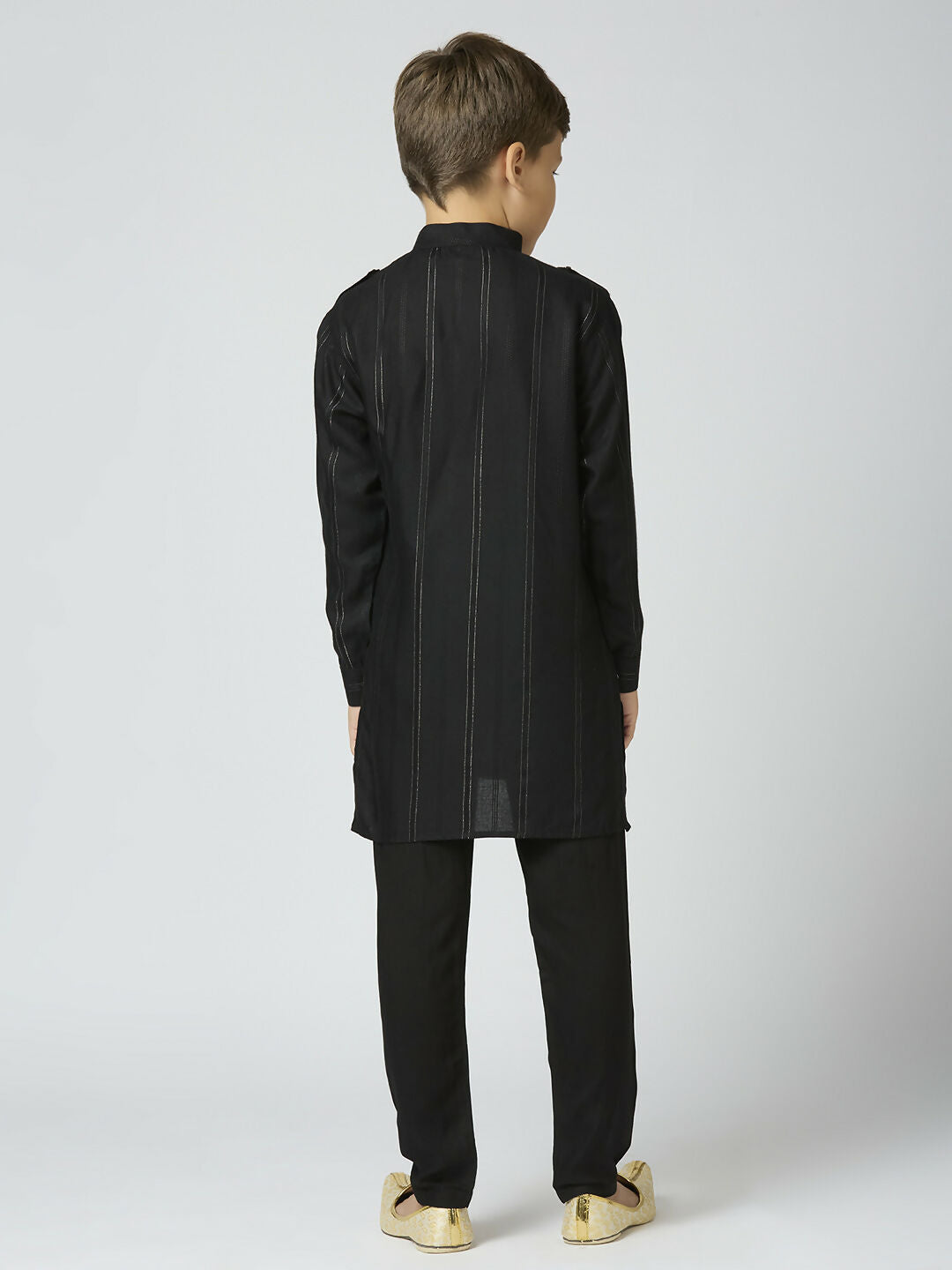 Boys Black Cotton Kurta and Pyjama Set with Striped Details