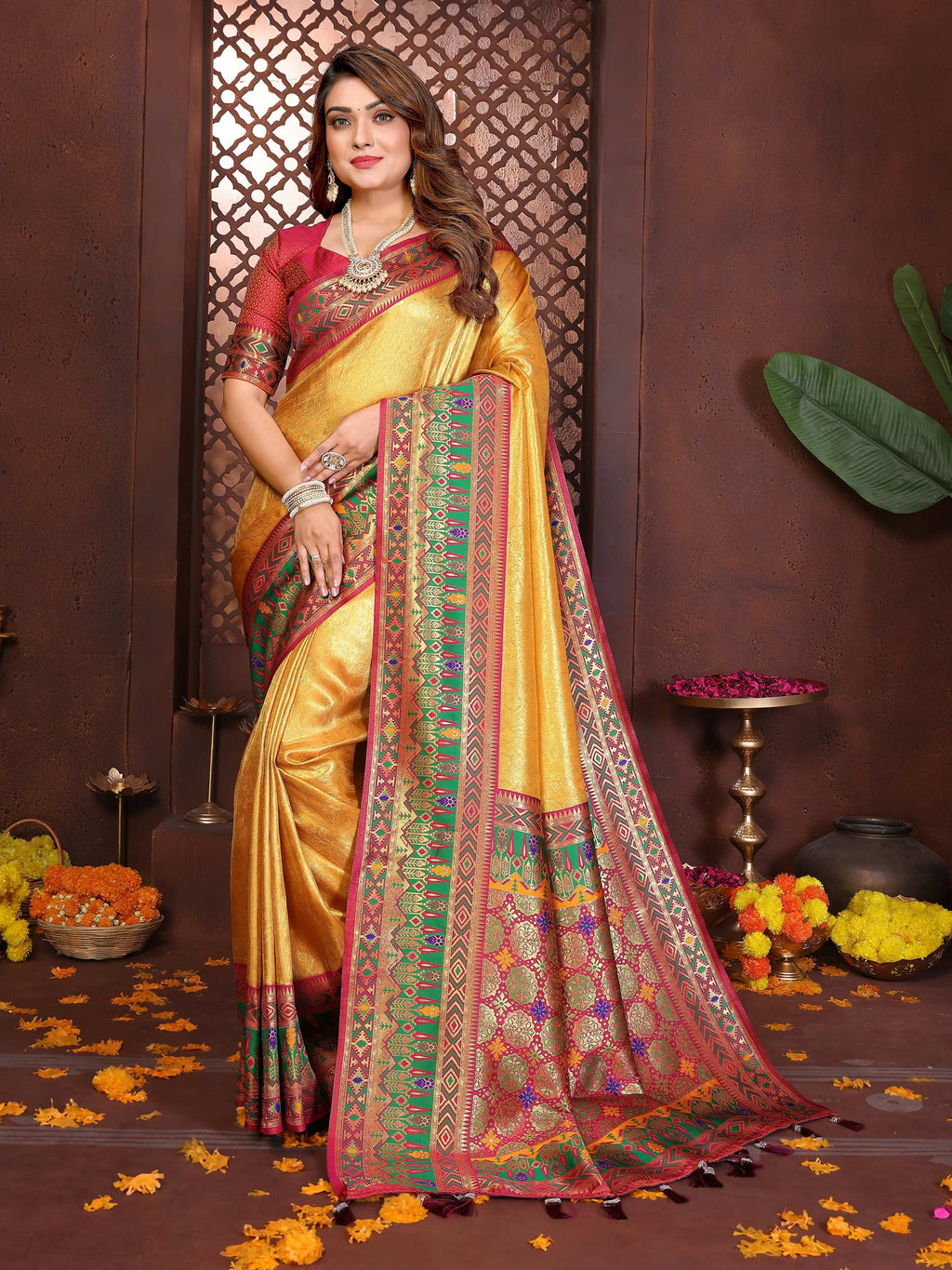 Aastha Fashion Gold Tissue Silk Weaving Saree with elegant gold weave and contrasting maroon blouse